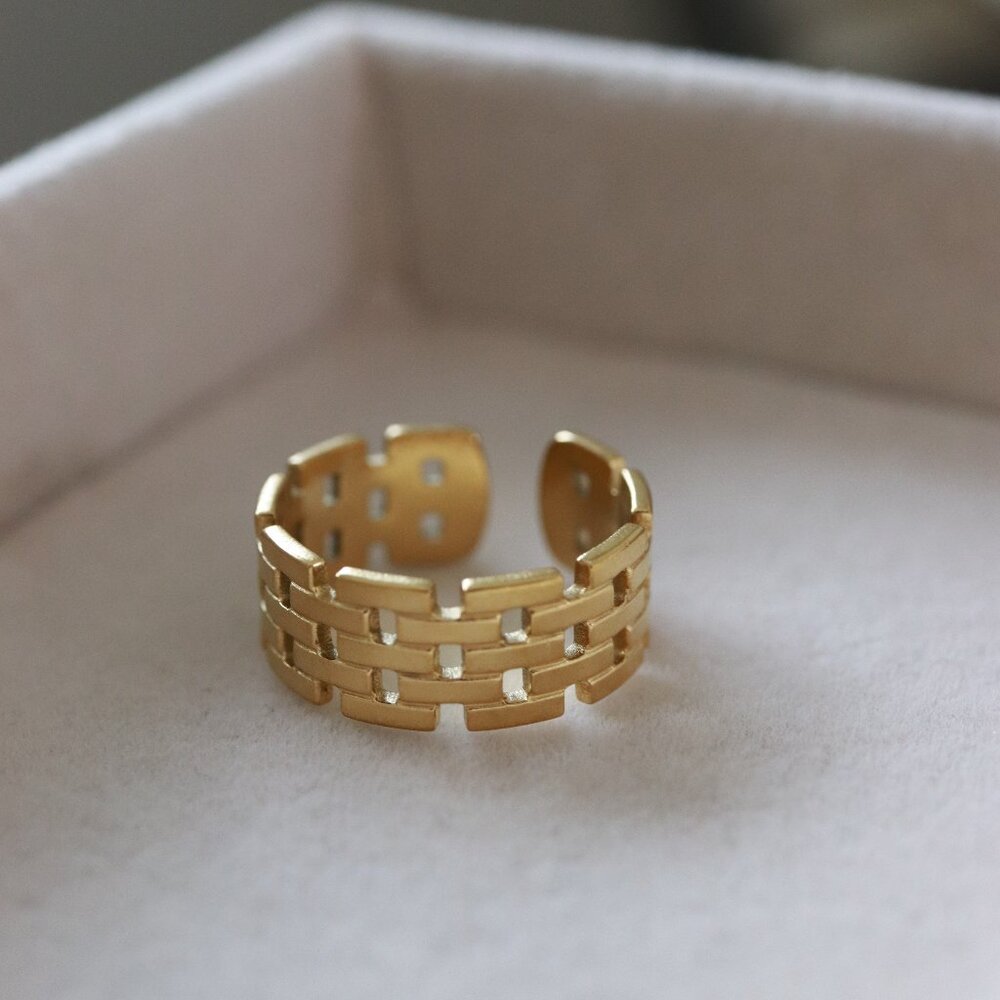 Squared Watch Link Style Wide Band Cuff Ring 18k Gold Plated Stainless Steel